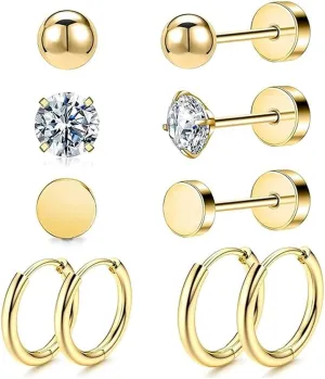 Stainless steel earrings set Flat bottom threaded zircon gold earrings with diamond earrings helix hoop piercing jewelry 5 pairs