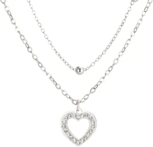 Stainless Steel Layered Choker Necklace with Crystal Pave Open Heart Pendant and Bead Accent, Women's Romantic Jewelry