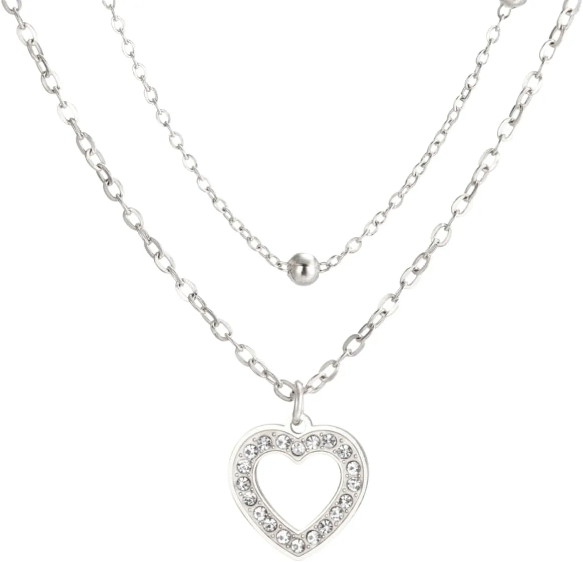 Stainless Steel Layered Choker Necklace with Crystal Pave Open Heart Pendant and Bead Accent, Women's Romantic Jewelry