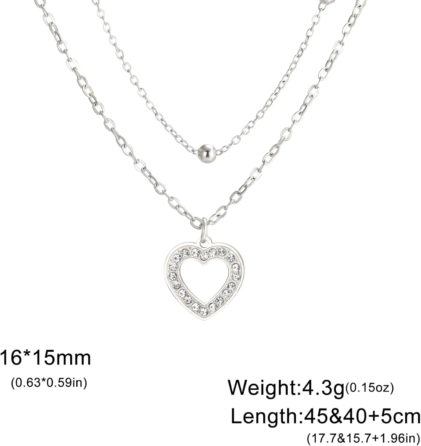 Stainless Steel Layered Choker Necklace with Crystal Pave Open Heart Pendant and Bead Accent, Women's Romantic Jewelry