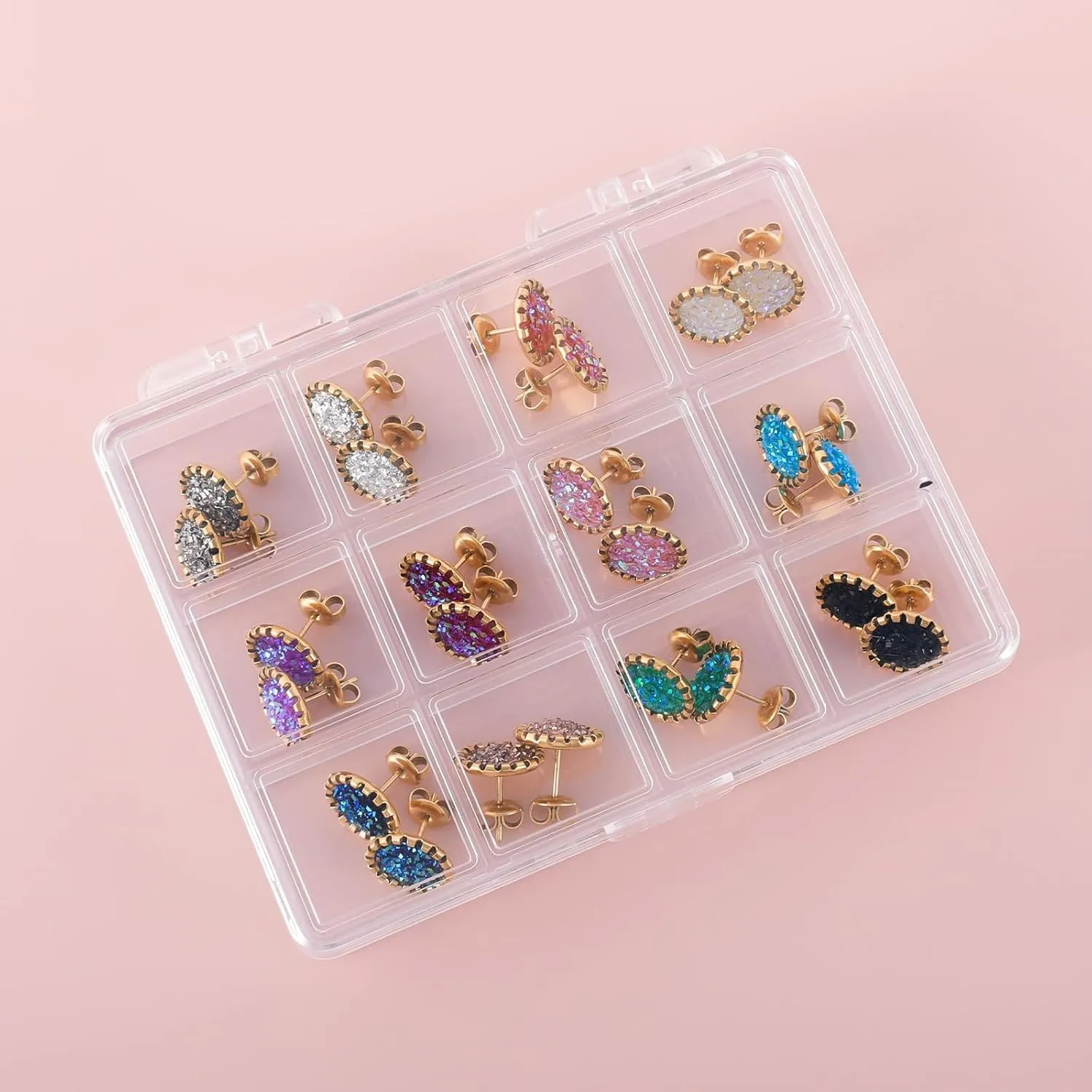Stainless Steel Round Druzy Multi Colored Stud Earring Set for Men Women Gold Plated Surgical Steel Faux Druzy Stud Earrings 12 Pairs