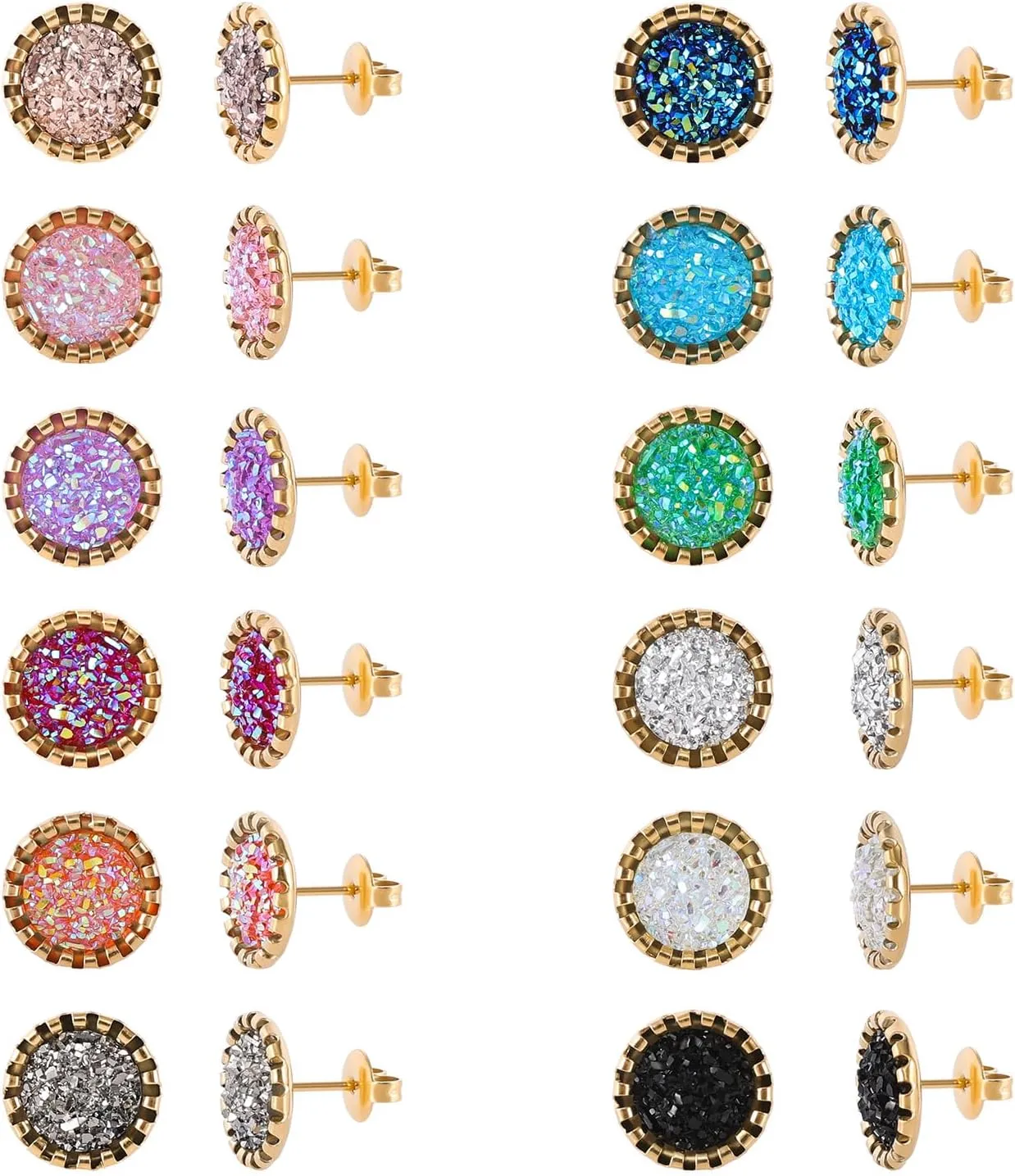 Stainless Steel Round Druzy Multi Colored Stud Earring Set for Men Women Gold Plated Surgical Steel Faux Druzy Stud Earrings 12 Pairs