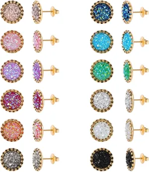Stainless Steel Round Druzy Multi Colored Stud Earring Set for Men Women Gold Plated Surgical Steel Faux Druzy Stud Earrings 12 Pairs