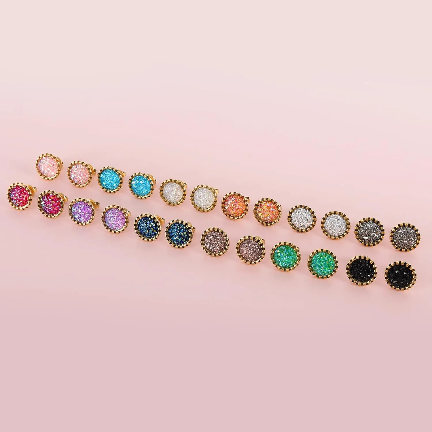 Stainless Steel Round Druzy Multi Colored Stud Earring Set for Men Women Gold Plated Surgical Steel Faux Druzy Stud Earrings 12 Pairs