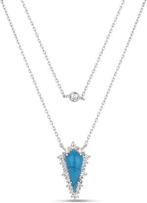 Sterling Silver Reconstituted Turquoise With Cubic Zirconia Triangle Double Layered Necklace, 16 18"