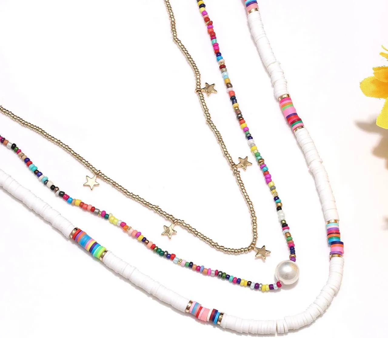 Surfer Heishi Bead Choker Necklace for Woman Star Pearl Polymer Clay Record Disc Beads Layered Necklace Boho Beach Necklace jewelry