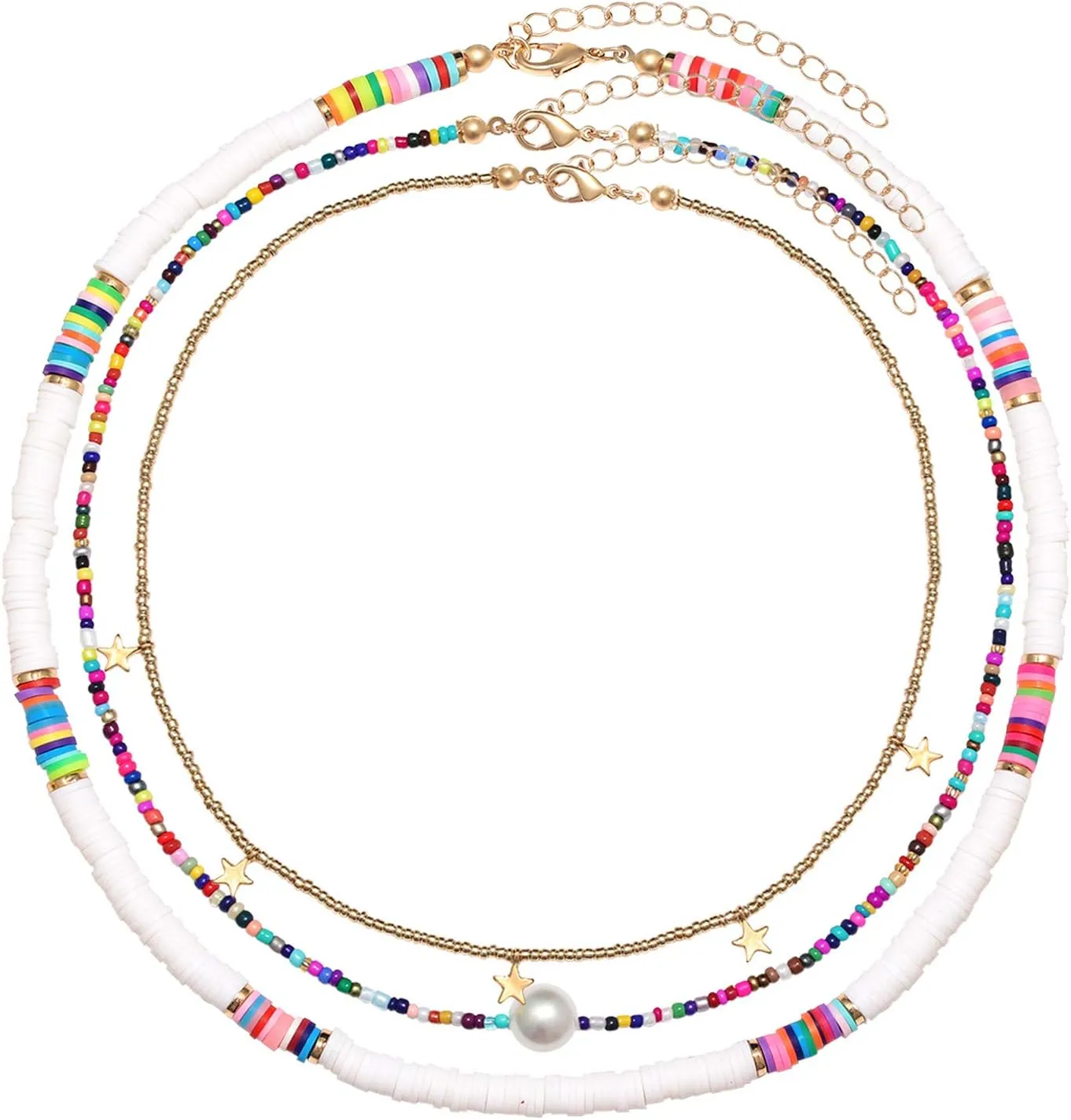 Surfer Heishi Bead Choker Necklace for Woman Star Pearl Polymer Clay Record Disc Beads Layered Necklace Boho Beach Necklace jewelry