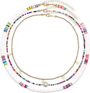 Surfer Heishi Bead Choker Necklace for Woman Star Pearl Polymer Clay Record Disc Beads Layered Necklace Boho Beach Necklace jewelry