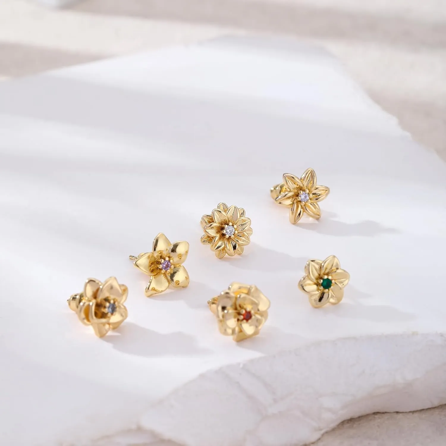 Tasiso Birth Flower Stud Earrings for Women 14K Gold Plated Birthstone Earrings for Women Dainty Gold Flower Blue Green Cubic Zirconia Earrings Birthday Gifts for Women Jewelry