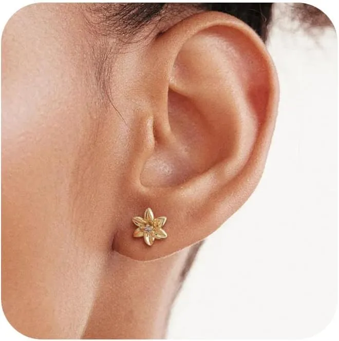 Tasiso Birth Flower Stud Earrings for Women 14K Gold Plated Birthstone Earrings for Women Dainty Gold Flower Blue Green Cubic Zirconia Earrings Birthday Gifts for Women Jewelry