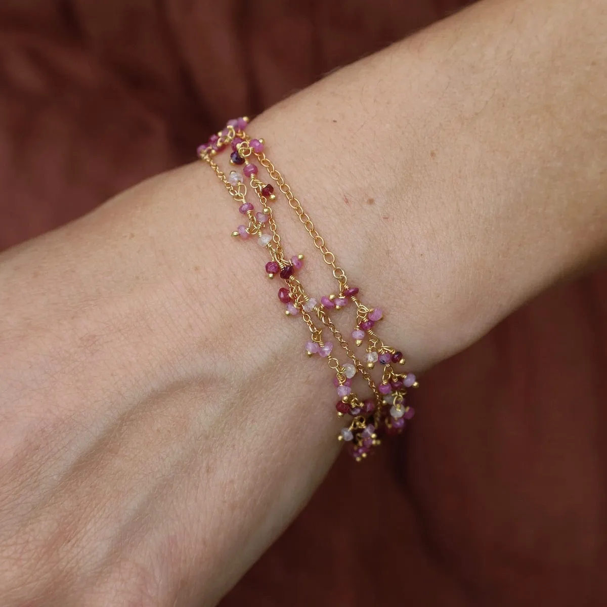 Three Strand Gemstone Dangle Bracelet - Ruby