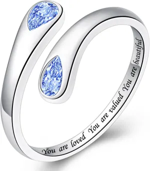 Thumb Rings for Women - 925 Sterling Silver Birthstone Open Teardrop Encouragement Adjustable Ring Women Gifts for Teens Mom Birthday Mother's Day St Patricks Day