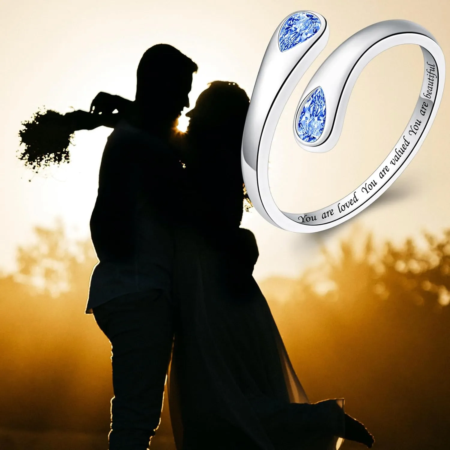 Thumb Rings for Women - 925 Sterling Silver Birthstone Open Teardrop Encouragement Adjustable Ring Women Gifts for Teens Mom Birthday Mother's Day St Patricks Day