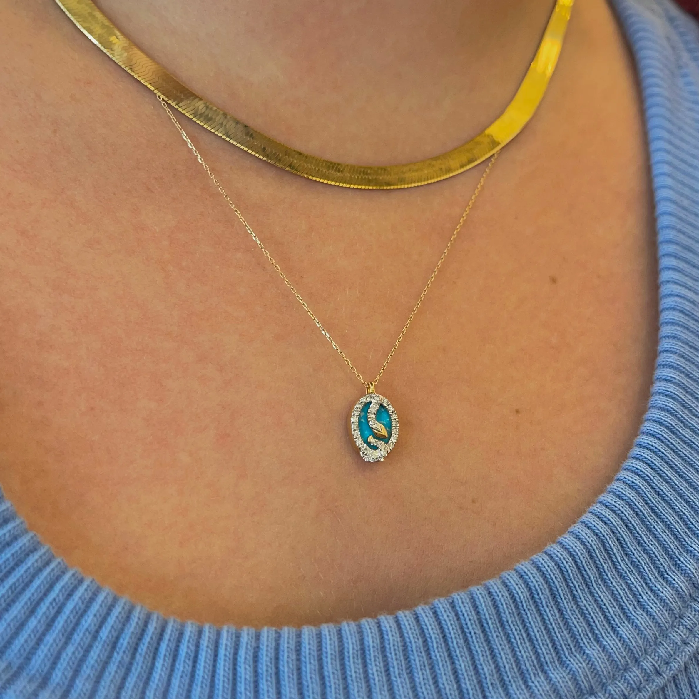 Tiny Turquoise & Diamond Oval Snake Pendant
