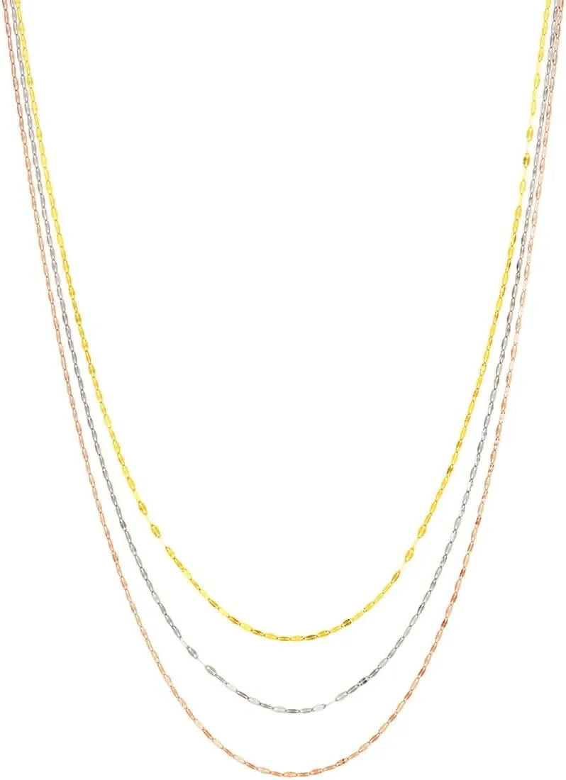 Tri-Color Hammered Mariner Chain Layered Necklace - 14K Three Tone Gold 20 Inches Adjustable
