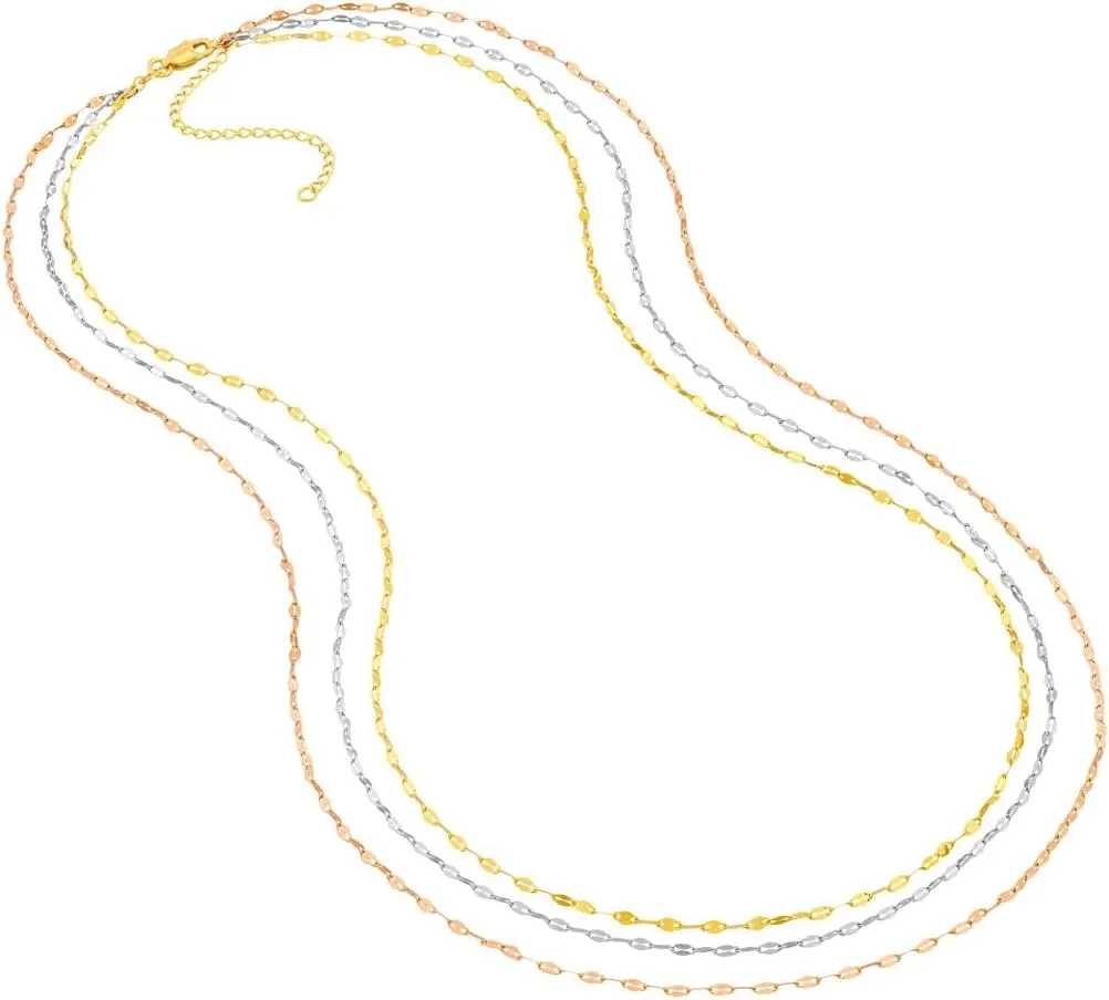 Tri-Color Hammered Mariner Chain Layered Necklace - 14K Three Tone Gold 20 Inches Adjustable