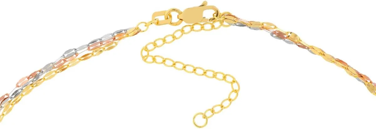Tri-Color Hammered Mariner Chain Layered Necklace - 14K Three Tone Gold 20 Inches Adjustable