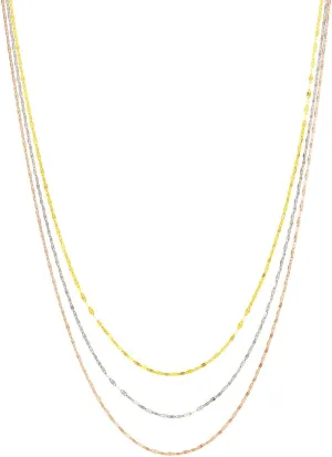 Tri-Color Hammered Mariner Chain Layered Necklace - 14K Three Tone Gold 20 Inches Adjustable