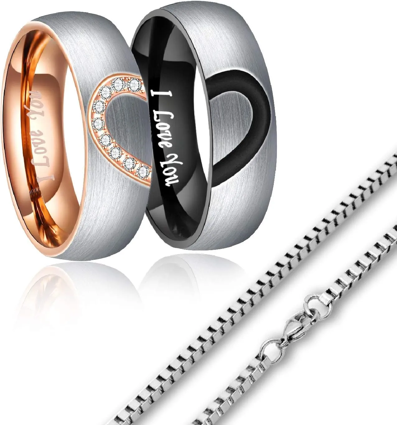 Valentine's Day Gift,6mm Heart Matching Couple Rings for him and her Stainless Steel Wedding Engagement Bands Sets Promise Rings for Couples, Engraved I Love You with Box Chain Anniversary Birthday
