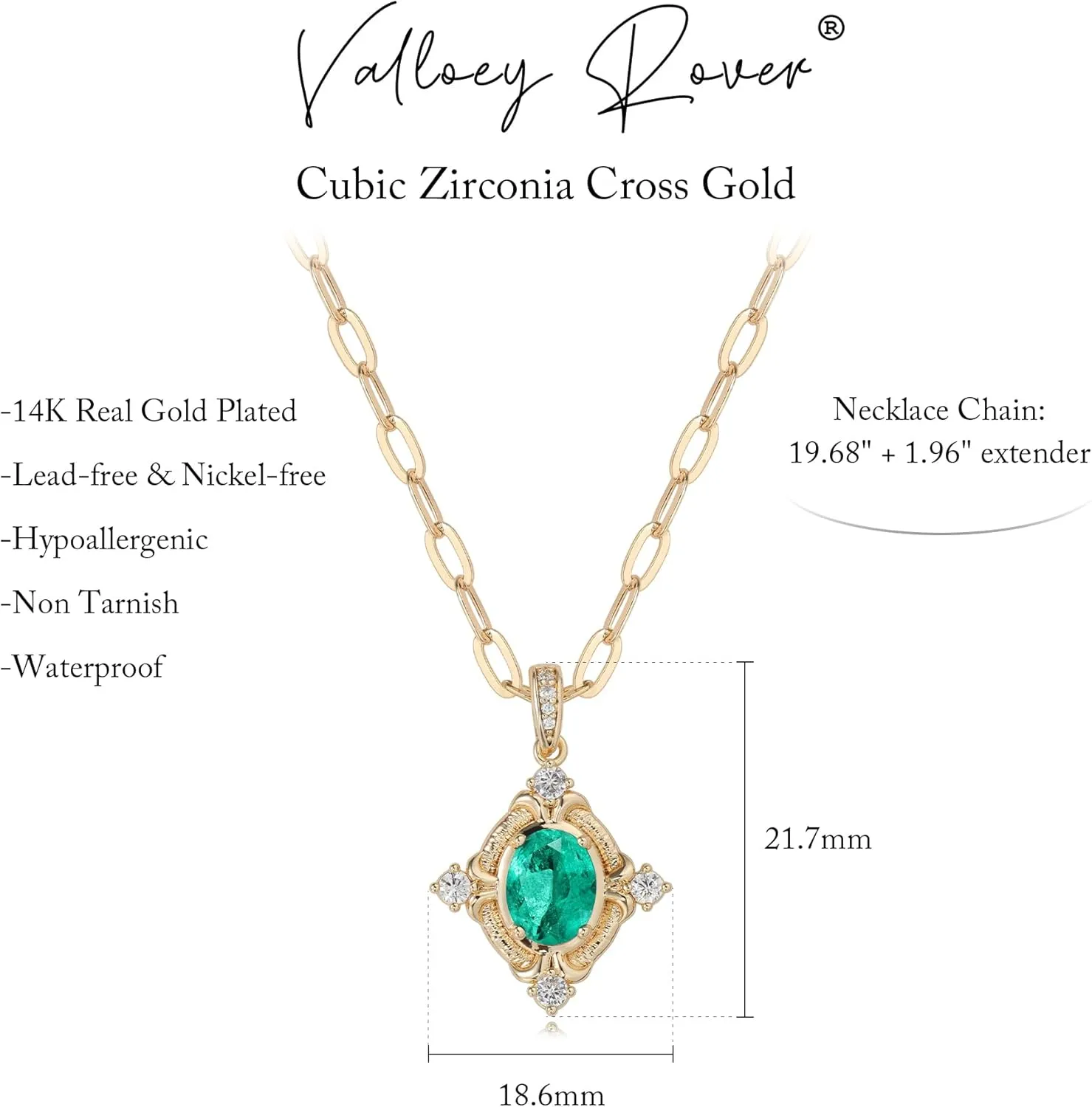Valloey Rover Pendant Necklace for Women,Dainty 14K Gold Plated Diamond Cubic Zirconia Emerald Green Pendant Necklace Charm Tennis Parperclip Chain With Pendant Valentines Day Gifts for Her Jewelry