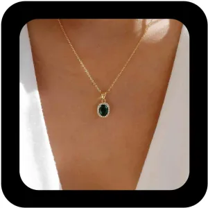 Vintage Gold Halo Emerald Pendant Necklace Choker Green Crystal Gemstone Necklaces Oval Emerald Rhinestone Necklace Minimalist Crystal Weddings Chain Necklaces Jewelry for Women