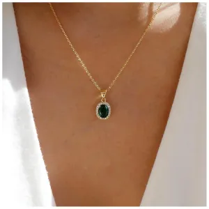 Vintage Halo Emerald Necklace Choker Green Crystal Necklace Oval Emerald Pendant Necklace Minimalist Gold Emerald Chain Necklace Jewelry for Women and Girls