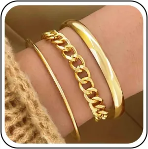 Vintage Layered Curb Chain Bracelet Set Gold Chunky Bangle Bracelet Flat Chain Bracelets Multi Layer Cuff Bracelets Hand Chain Jewelry for Women