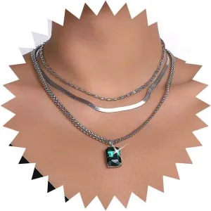 Vintage Layered Emerald Pendent Necklace Emerald Square Necklace Geometric Emerald Necklace Cz Emerald Choker Necklace Vintage Curb Chain Necklace Gold Snake Chain Necklace Jewelry for Women