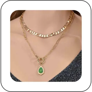 Vintage Layered Emerald Pendent Necklace Teardrop Emerald Necklace Green Crystal Choker Necklace Emerald Cz Necklace Chain Gold Figaro Chain Necklace Jewelry for Women