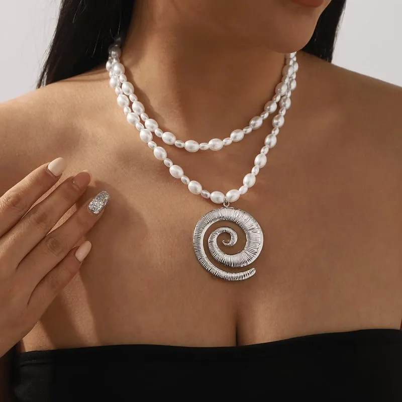 Vintage Thick Spiral Pendant Necklace - Fashionable Layered Pearl Necklace - Bohemian Women's Jewelry