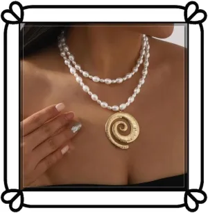 Vintage Thick Spiral Pendant Necklace - Fashionable Layered Pearl Necklace - Bohemian Women's Jewelry
