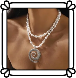Vintage Thick Spiral Pendant Necklace - Fashionable Layered Pearl Necklace - Bohemian Women's Jewelry