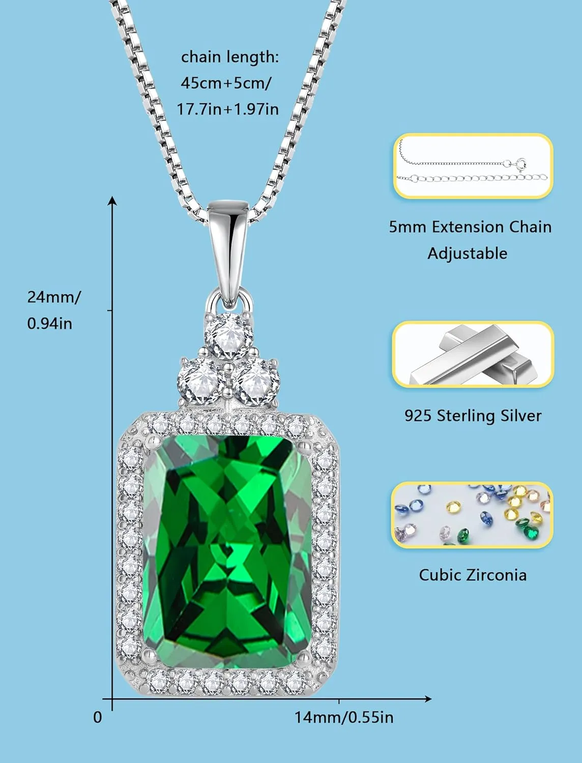 Women Necklaces 925 Sterling Silver Emerald Cut 14X10MM Birtshtone Pendant for Mum Wife Girlfriend