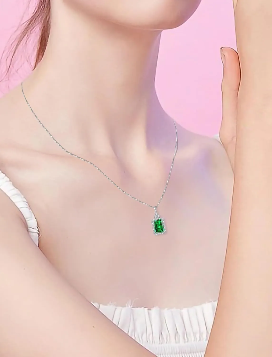 Women Necklaces 925 Sterling Silver Emerald Cut 14X10MM Birtshtone Pendant for Mum Wife Girlfriend