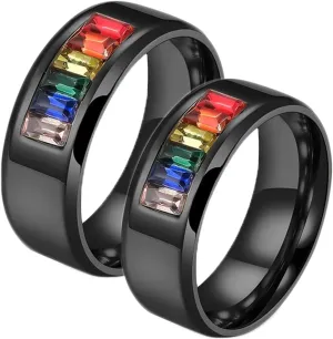 Women Rings Fashion, Stainless Steel Rings Black LGBT Ring with Rainbow Zirconia Men's and Women's Fashion Rings