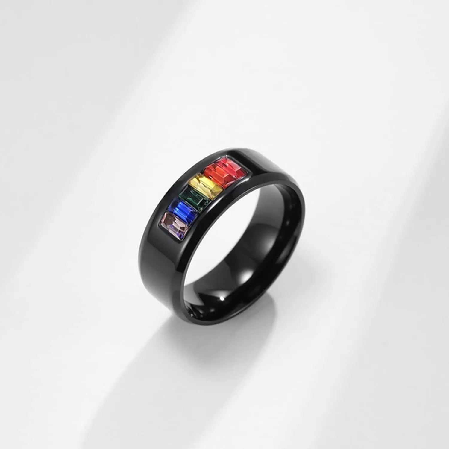 Women Rings Fashion, Stainless Steel Rings Black LGBT Ring with Rainbow Zirconia Men's and Women's Fashion Rings