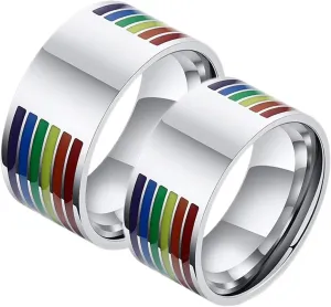 Women Silver Rings, Steel Rings for Women Silver LGBT Ring with Rainbow Enamel 10mm Rings for Men and Women