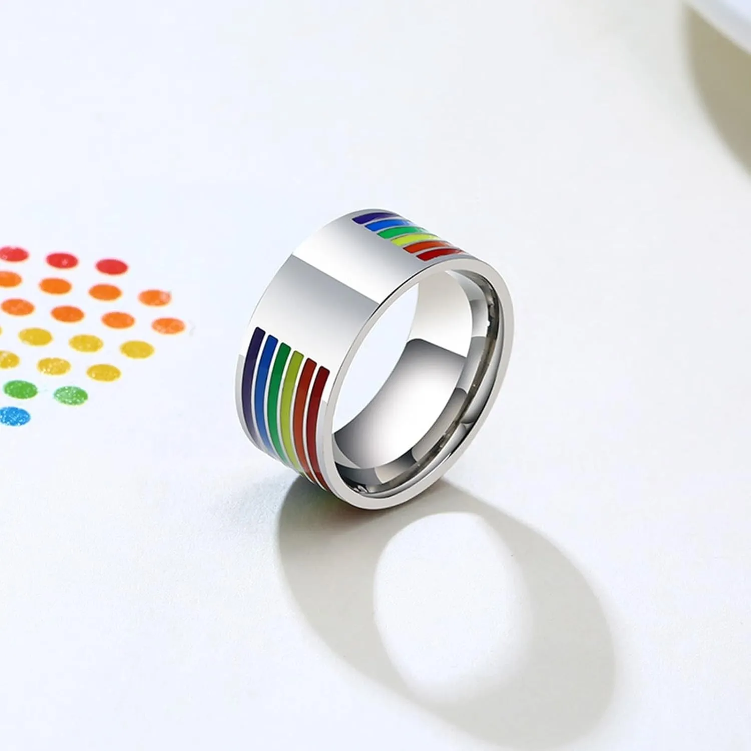 Women Silver Rings, Steel Rings for Women Silver LGBT Ring with Rainbow Enamel 10mm Rings for Men and Women