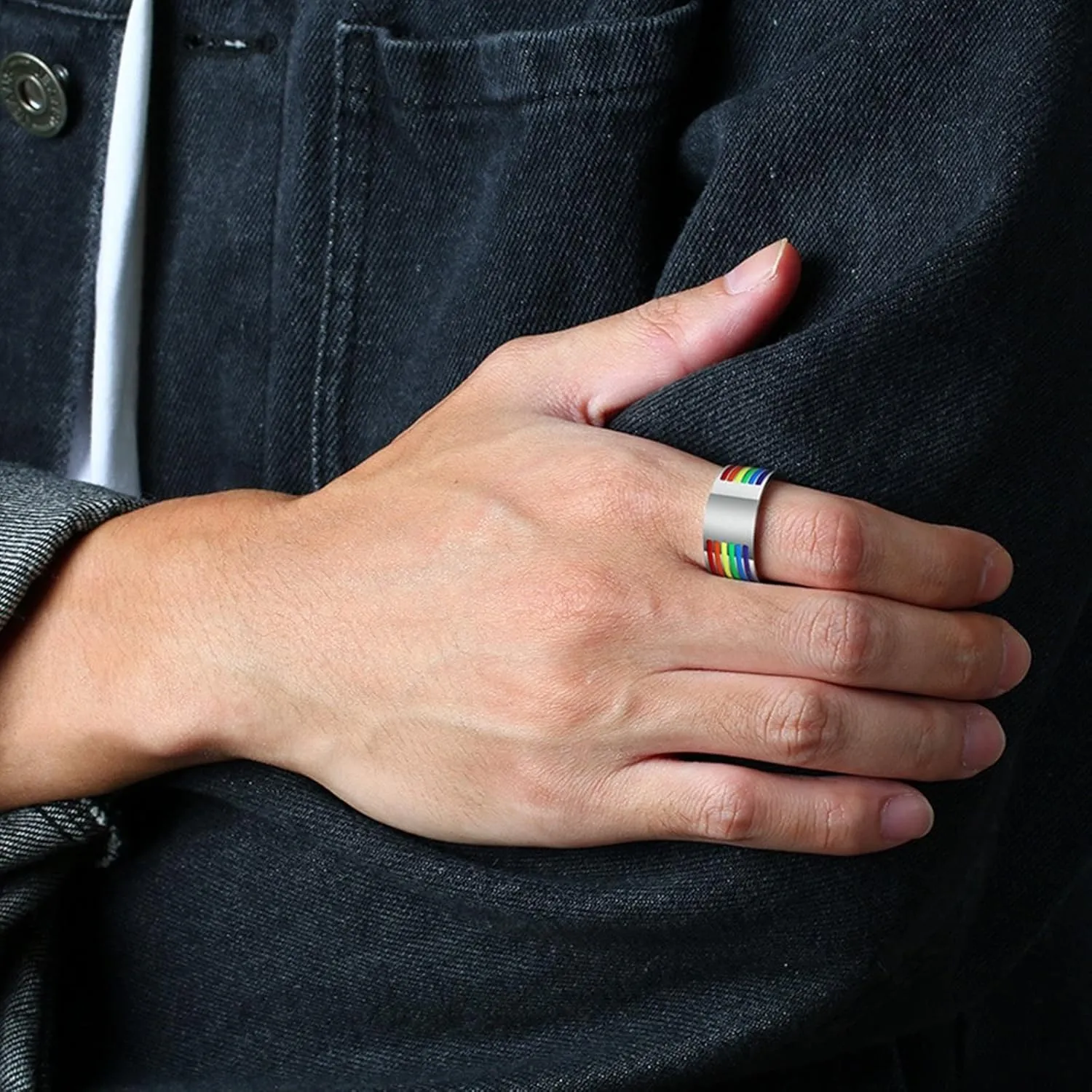 Women Silver Rings, Steel Rings for Women Silver LGBT Ring with Rainbow Enamel 10mm Rings for Men and Women