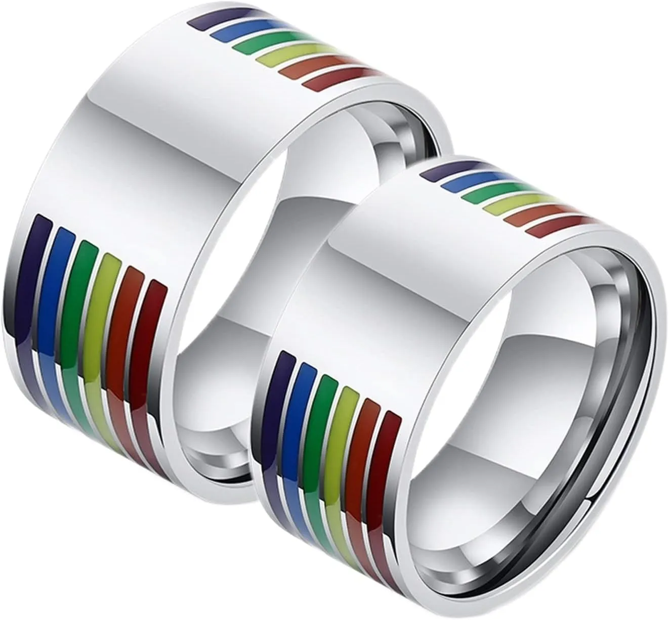 Women Silver Rings, Steel Rings for Women Silver LGBT Ring with Rainbow Enamel 10mm Rings for Men and Women