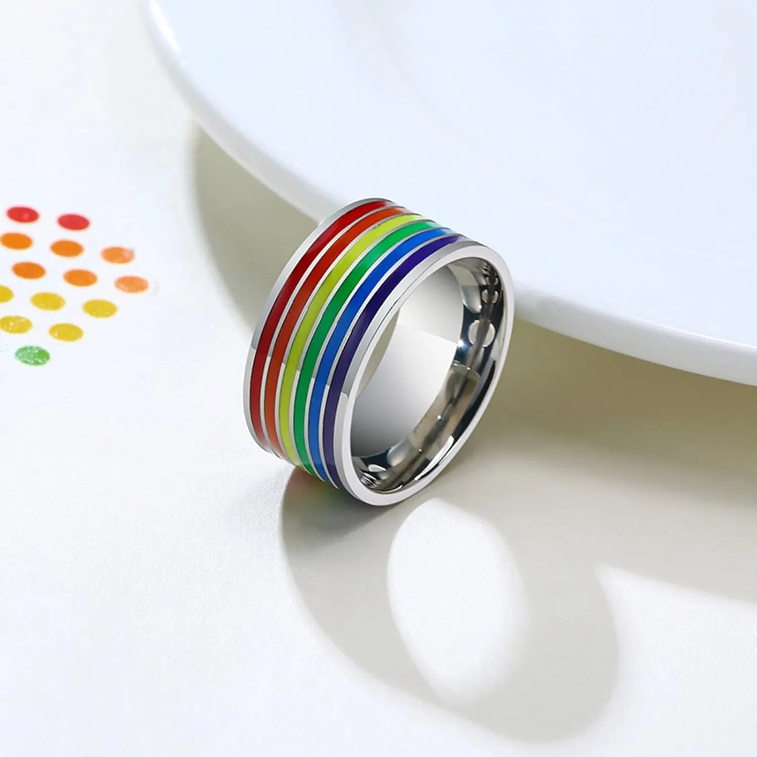 Women Silver Rings, Steel Rings for Women Silver LGBT Ring with Rainbow Enamel 10mm Rings for Men and Women
