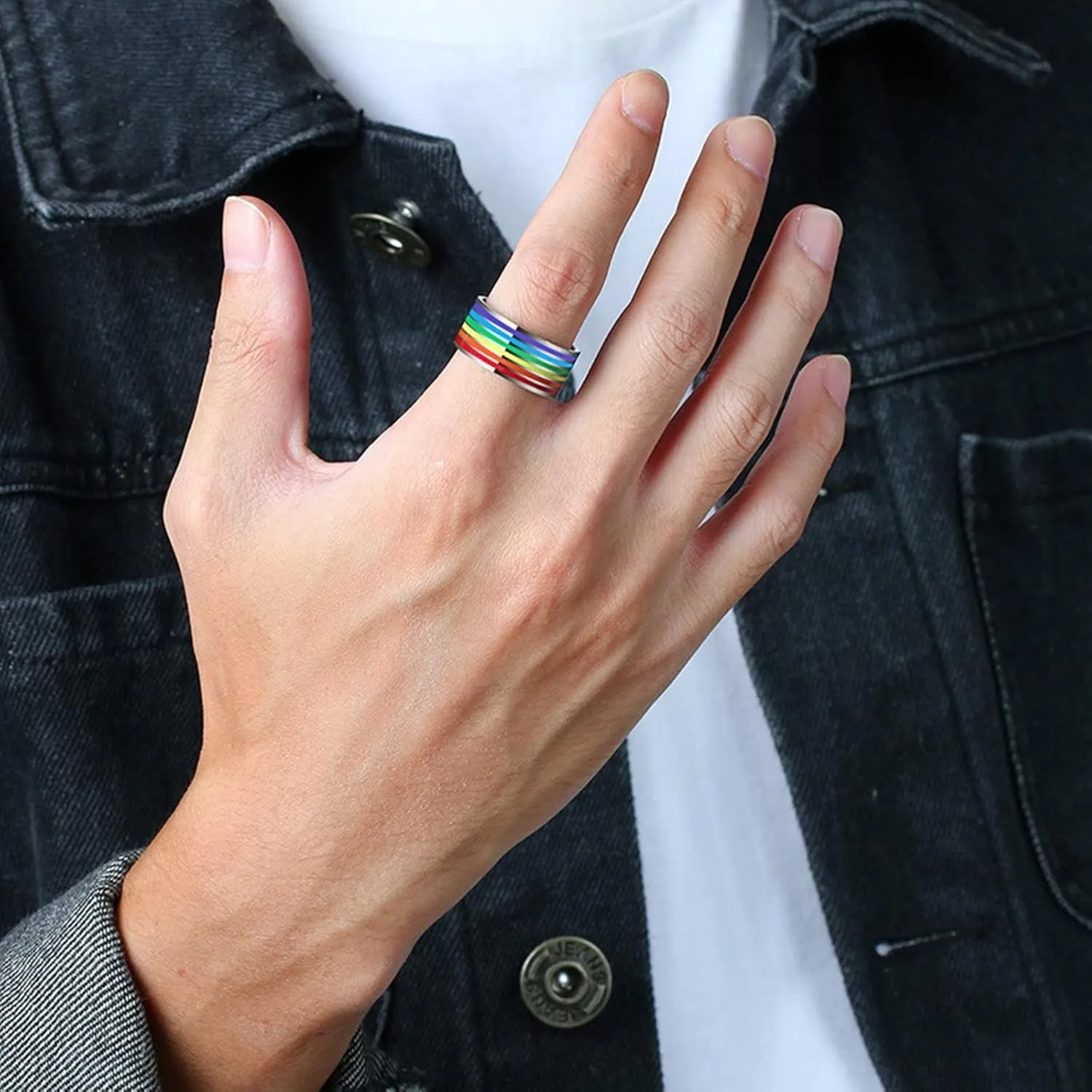 Women Silver Rings, Steel Rings for Women Silver LGBT Ring with Rainbow Enamel 10mm Rings for Men and Women