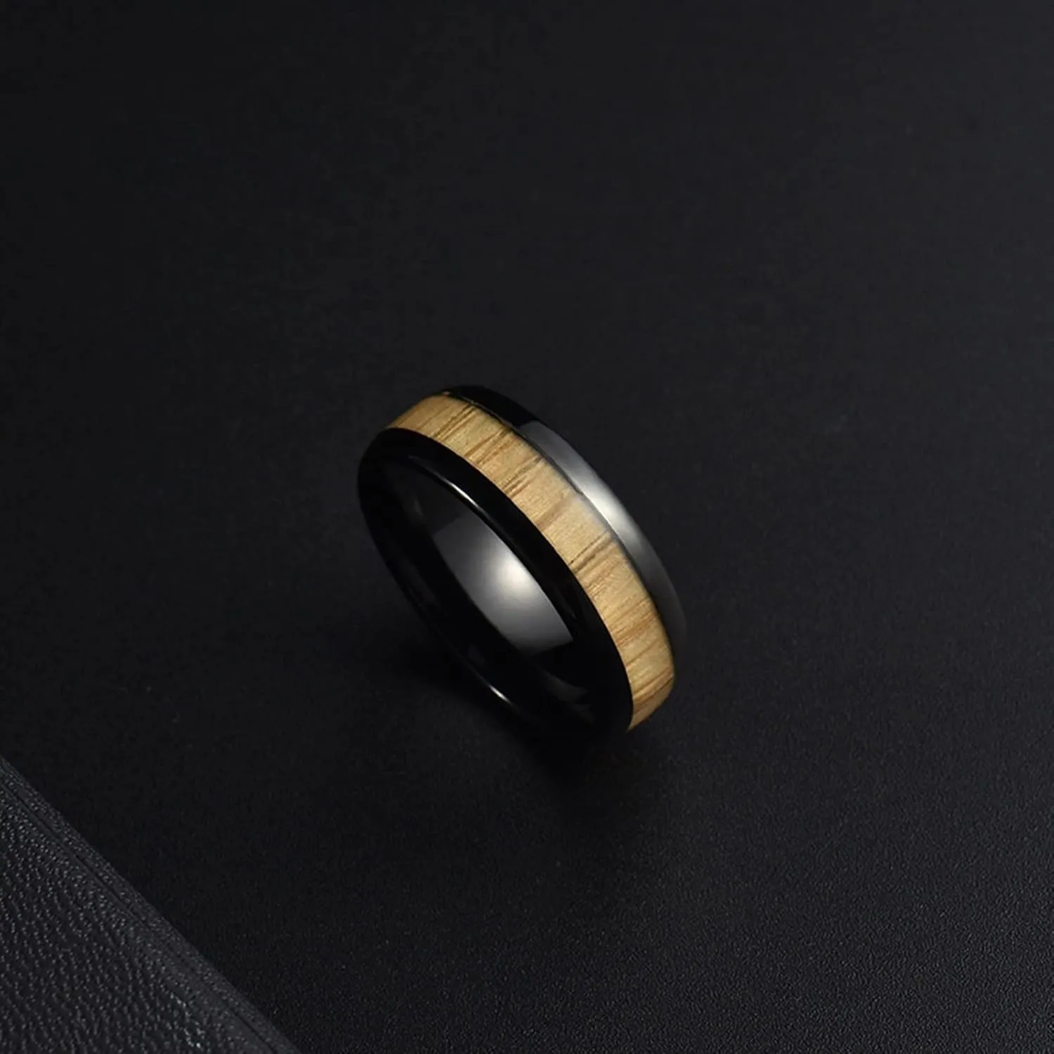 Women Wedding Rings, Men Rings Stainless Steel 8mm Black Ring Inlay Wood Rings for Men and Women