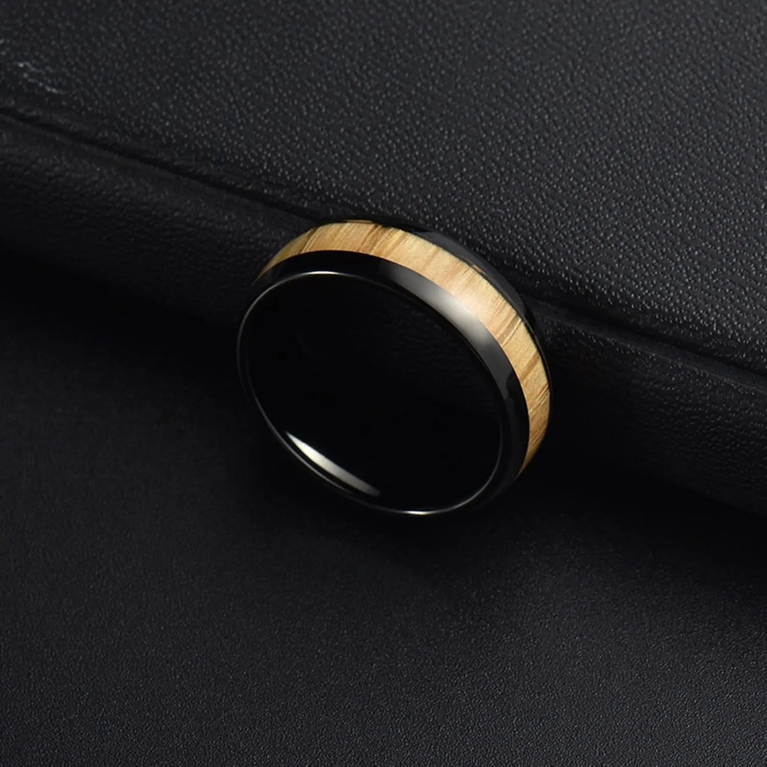 Women Wedding Rings, Men Rings Stainless Steel 8mm Black Ring Inlay Wood Rings for Men and Women