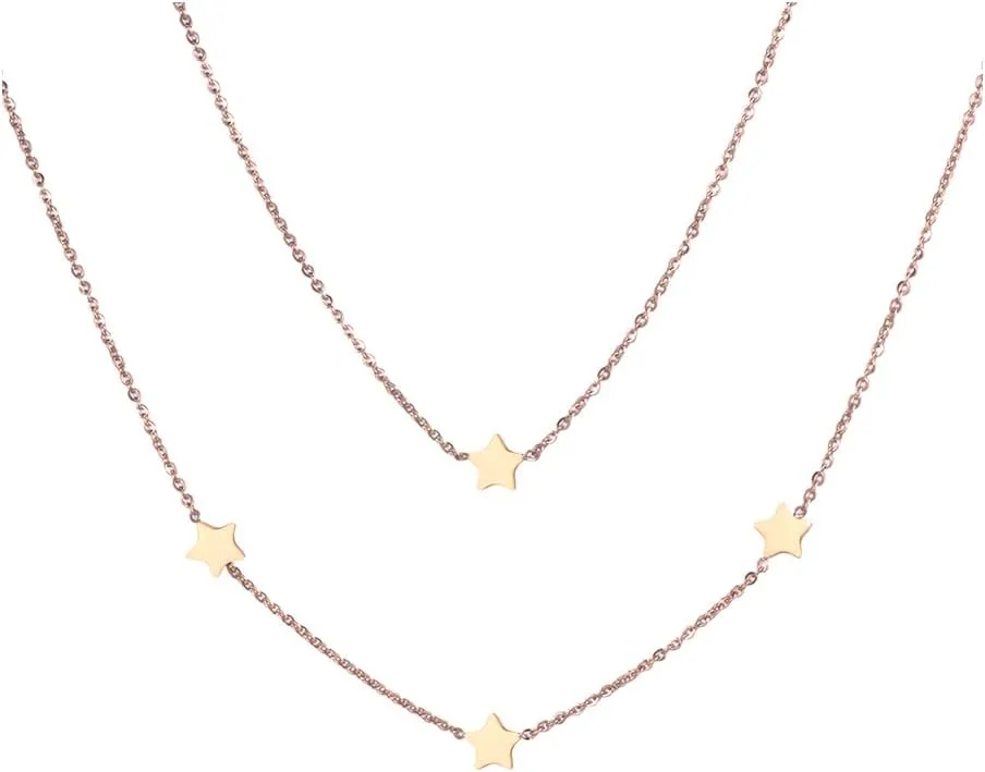 Women's Rose Gold Tone Stainless Steel Double Layered Necklace with Star Charms