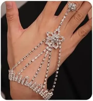 Xerling Silver Rhinestone Slave Chain Bracelets Flower Women Hand Harness Finger Ring Bracelets Dainty Crystal Hand Chain Jewelry