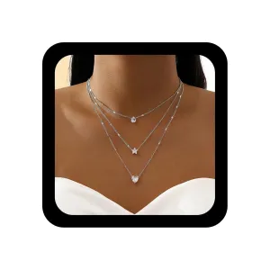 YienDoo Boho Layered Crystal Necklace Chain Crystal Teardrop Choker Heart Water Droplets Star Pendant Necklace Multilayer Silver Bride Bridesmaid Wedding Crystal Necklace for Women