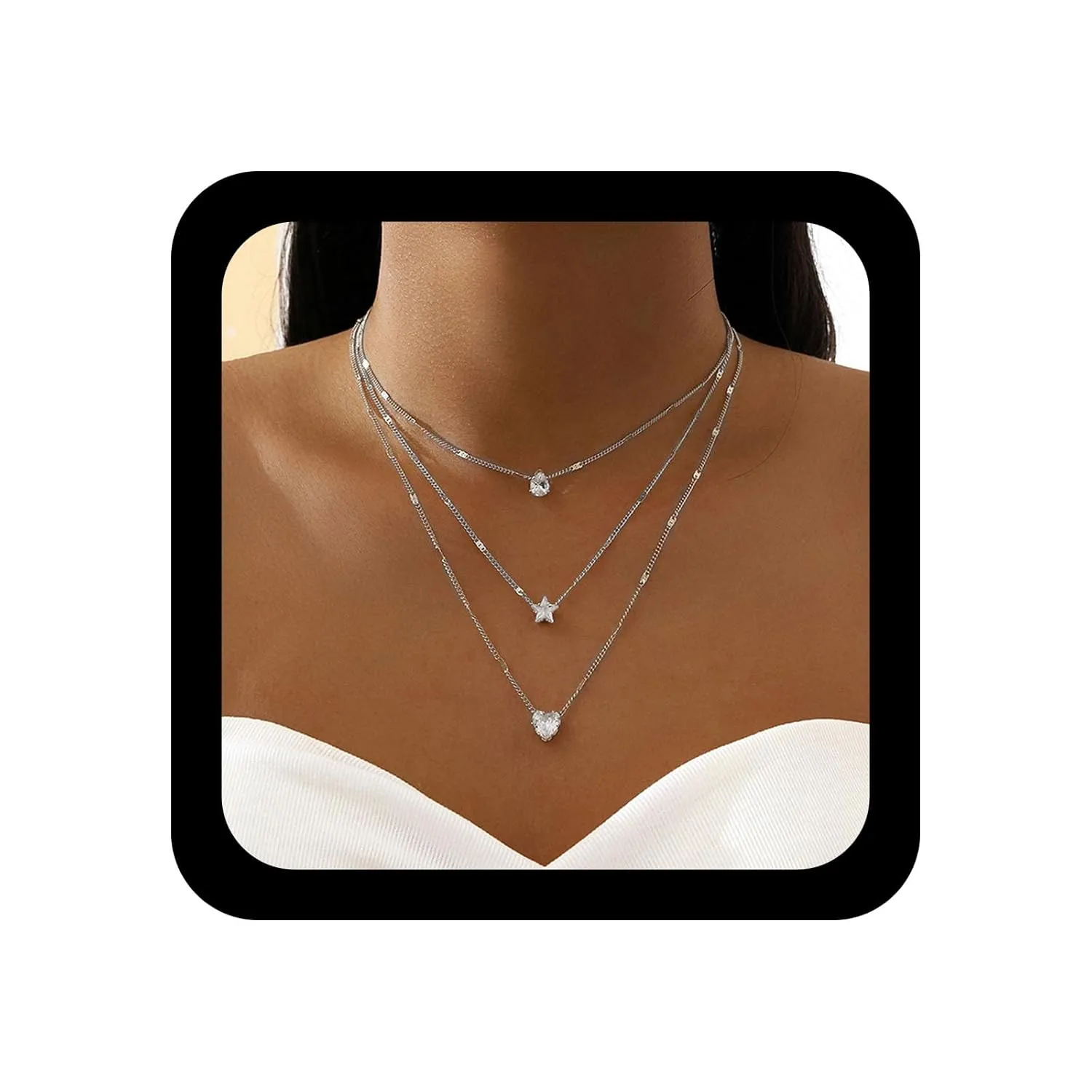 YienDoo Boho Layered Crystal Necklace Chain Crystal Teardrop Choker Heart Water Droplets Star Pendant Necklace Multilayer Silver Bride Bridesmaid Wedding Crystal Necklace for Women