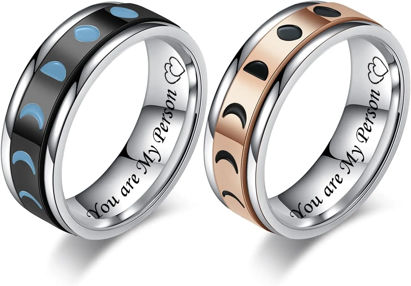 You are My Person Couple Rings for Boyfriend Girlfriend Vintage Moon Phase Stainless Steel Spinner Rings Wedding Band Promise Engagement Ring for Him and Her,Black Rose Gold Plated