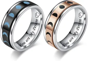 You are My Person Couple Rings for Boyfriend Girlfriend Vintage Moon Phase Stainless Steel Spinner Rings Wedding Band Promise Engagement Ring for Him and Her,Black Rose Gold Plated